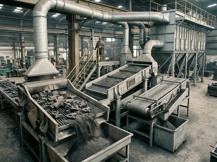 Sand shakeout and reclamation system with magnetic separator and dust collection