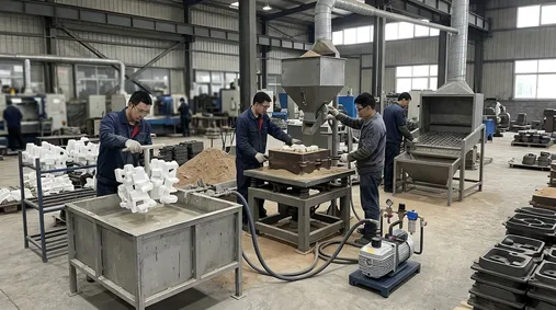 Starter lost foam casting configuration with manual coating dip tank and batch molding station