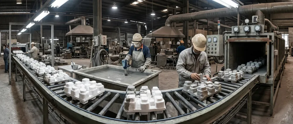 Coating defect troubleshooting workflow showing viscosity control, thickness measurement, and drying parameter monitoring on a lost foam casting line