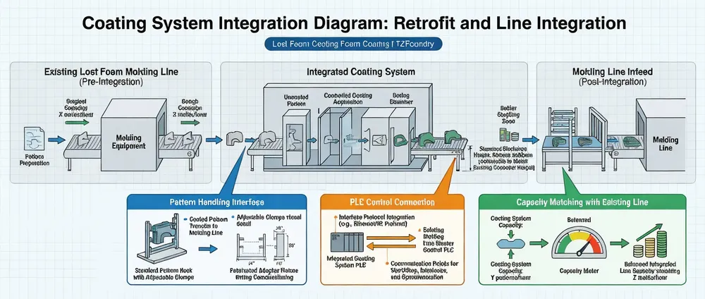 Coating system integration diagram showing pattern handling interface, PLC control connection, and capacity matching with existing lost foam molding line