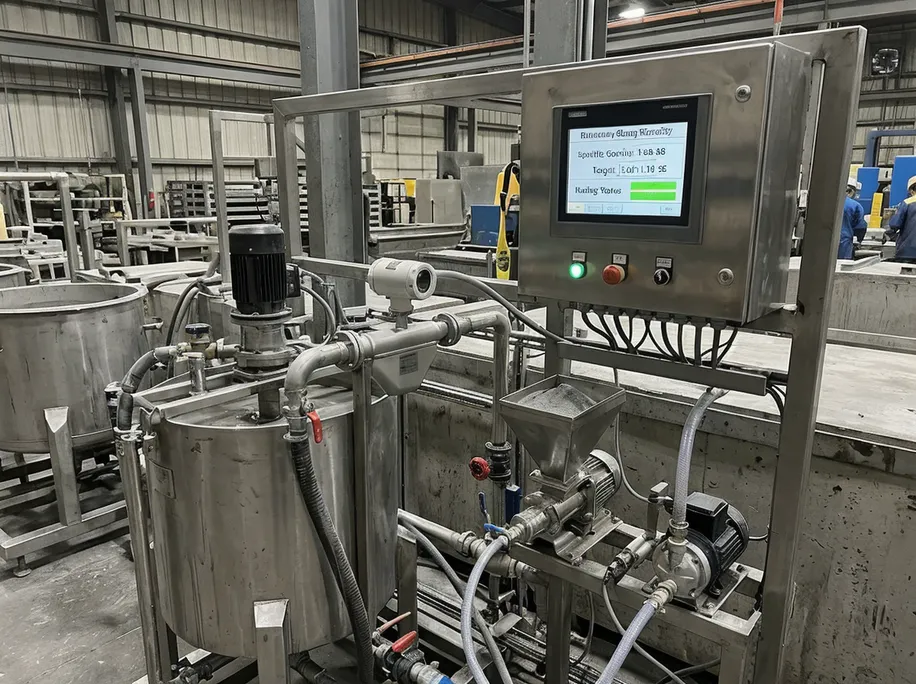 Inline density sensor and PLC-controlled dosing system for refractory slurry viscosity management