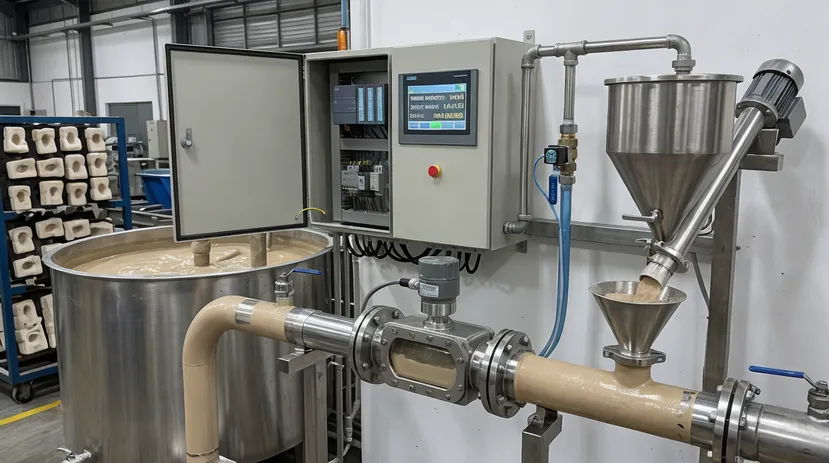 Inline viscosity sensor and PLC-controlled dosing system for refractory slurry management