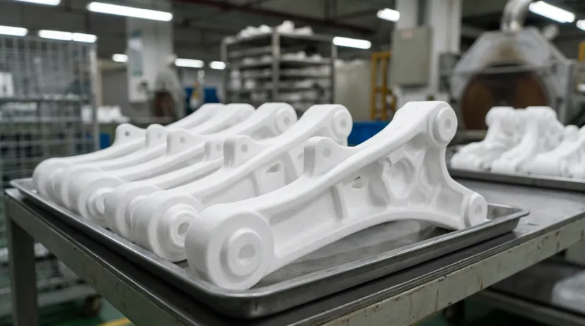 EPS foam patterns for aluminum automotive castings showing tight tolerance suspension arm pattern with smooth surface finish