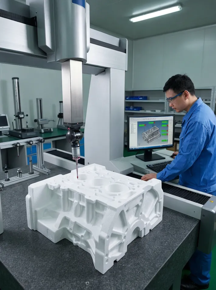 CMM coordinate measuring machine probing critical dimensions on an EPS foam pattern before coating