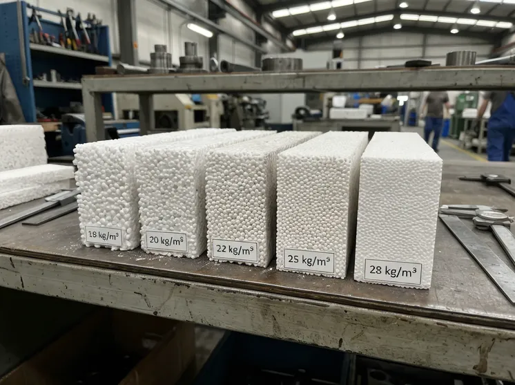 EPS foam pattern samples showing different bead densities from 18 to 28 kg/m³ used in lost foam casting