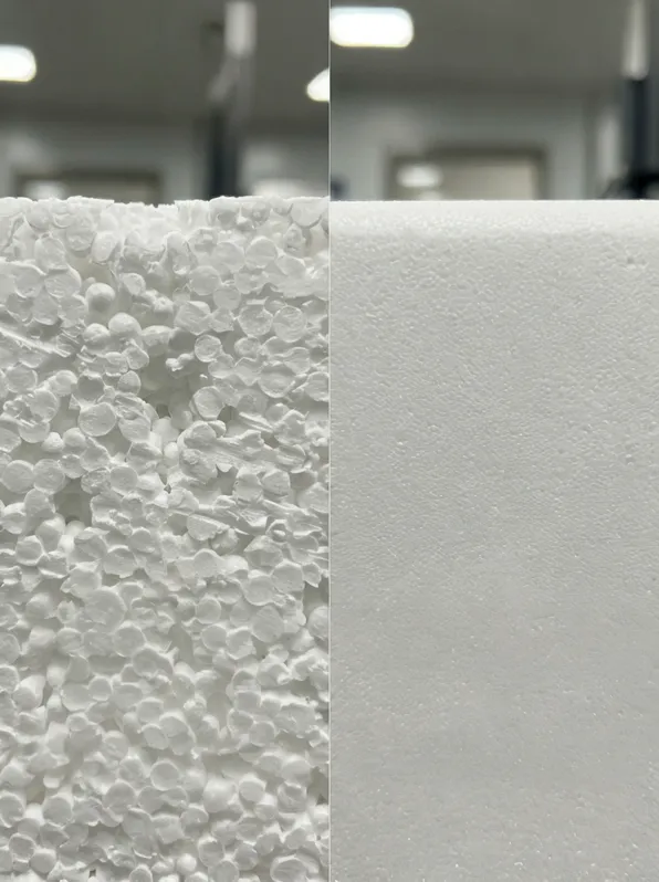 Close-up comparison of rough and smooth EPS foam pattern surface finish showing bead structure difference and coating adhesion quality