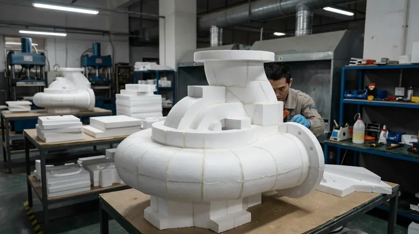 EPS foam patterns for iron pump housing castings showing multi-section glued pattern assembly for centrifugal pump body