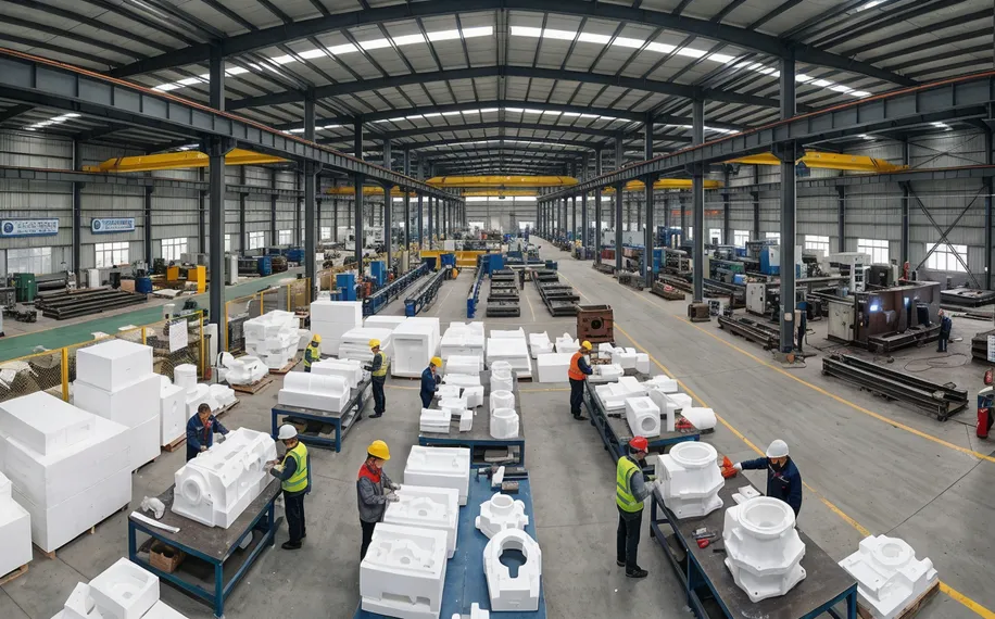 TZFoundry Qingdao manufacturing facility with 8 production lines across 15,000 square meters producing foundry equipment and patterns