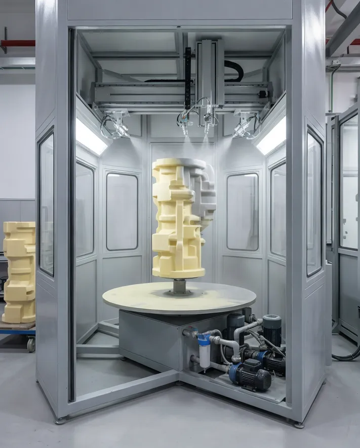 Automated spray booth with rotating turntable for large casting pattern coating