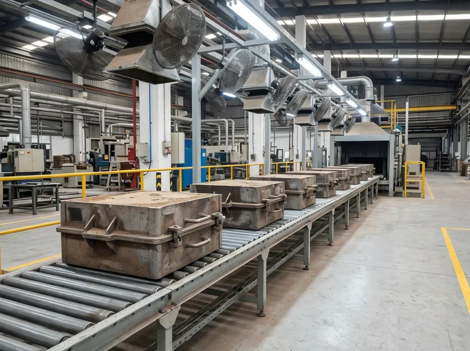 Industrial cooling conveyor system transporting cast molds through temperature reduction zone before shakeout processing