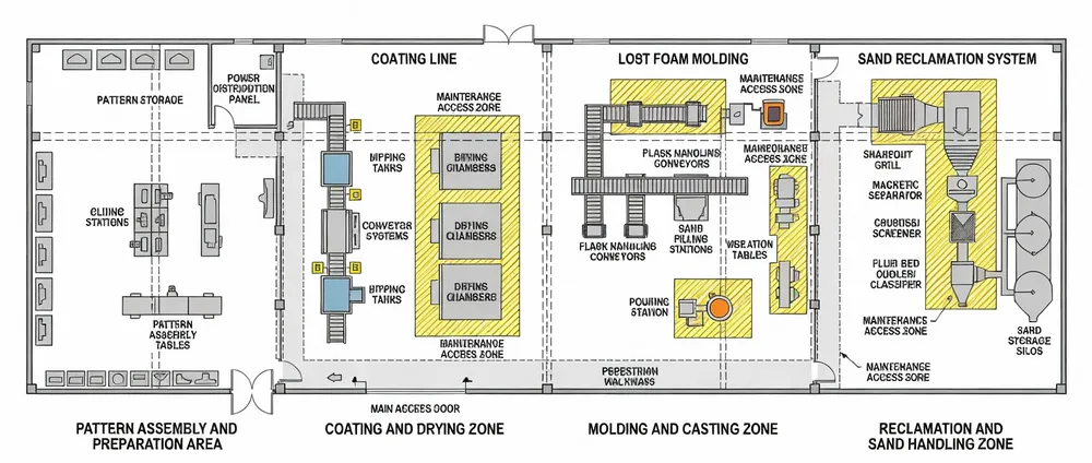 Facility floor plan showing equipment zones for coating, molding, and reclamation machinery with maintenance clearance areas marked