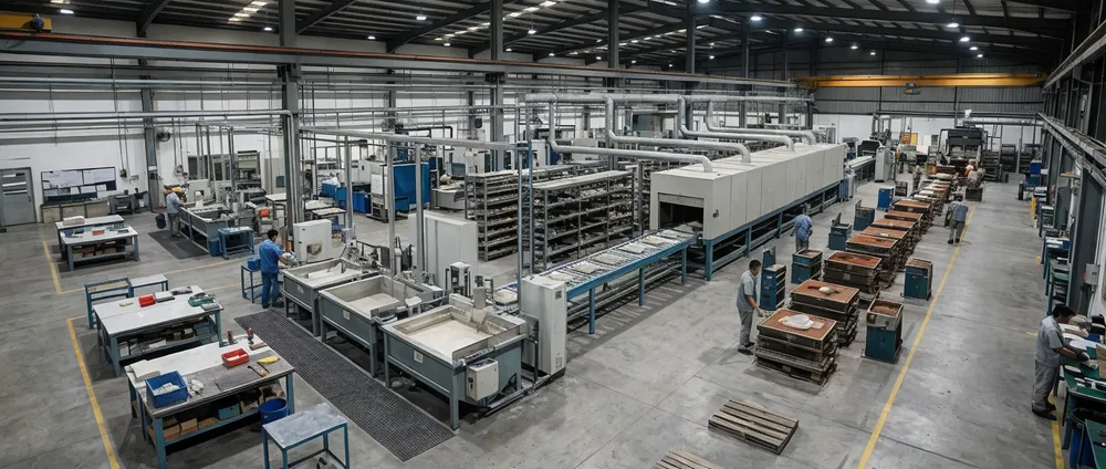 Foundry floor layout showing machinery configuration planning for lost foam casting production lines