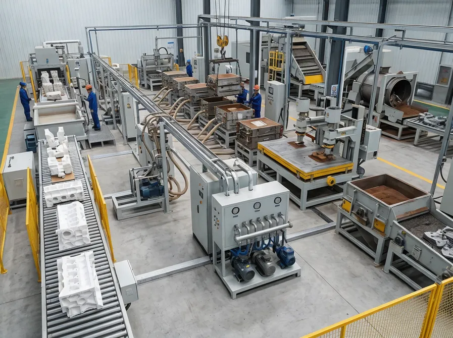 Lost foam casting machinery — pattern handling, coating, molding, vacuum, and shakeout equipment units on a production floor