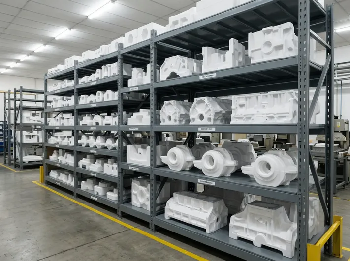 EPS pattern storage rack system with adjustable shelving for multiple casting geometries
