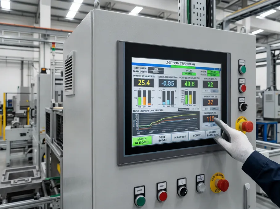 PLC control panel with HMI touchscreen displaying real-time process parameters for lost foam casting line
