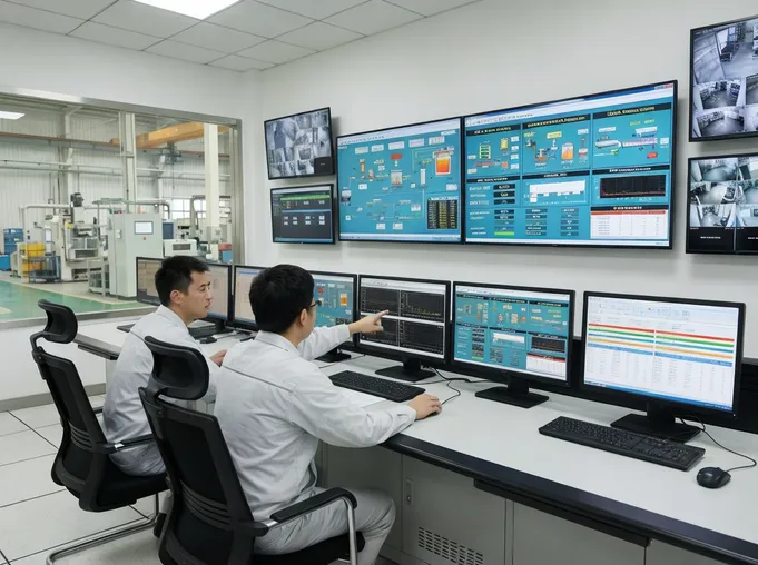 SCADA supervisory system in central control room monitoring multiple lost foam casting production lines
