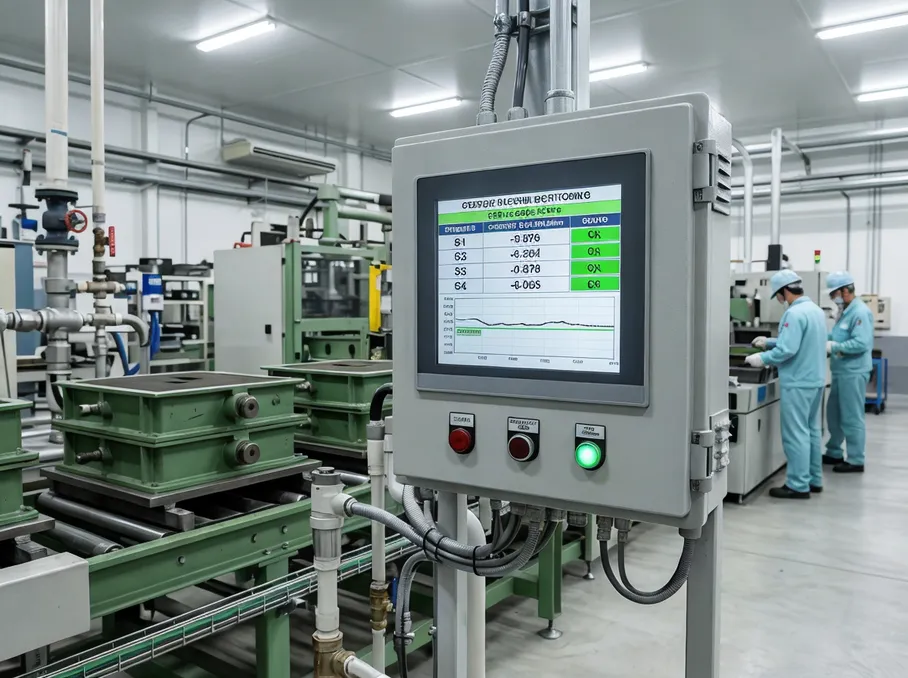 Pressure sensor monitoring panel logging vacuum readings at each molding station