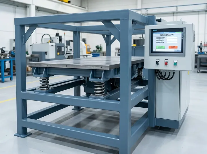 PLC-controlled vibration table with welded steel frame and isolation mounts for lost foam casting compaction