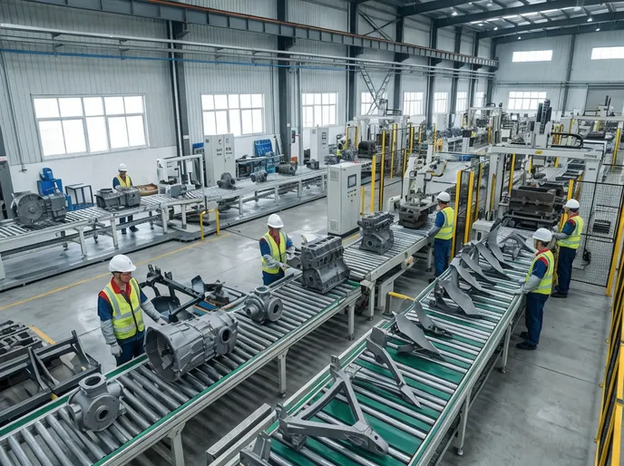 Agricultural equipment castings including tractor transmission housings and implement components produced on a metal casting production line