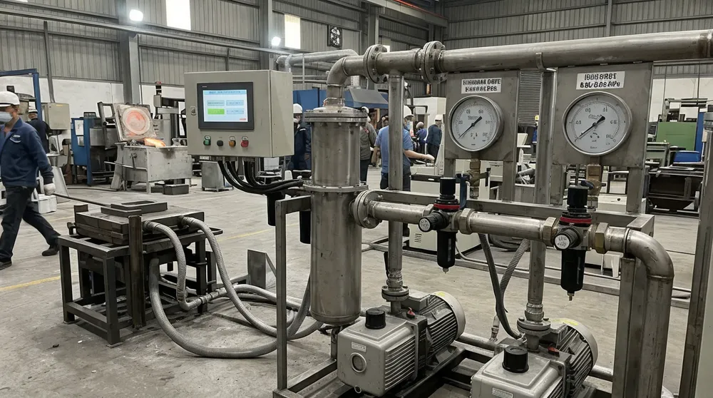 Dual-range vacuum system with separate pressure regulation circuits for aluminum and iron casting modes