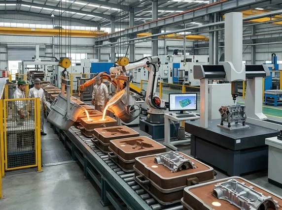 Metal casting production line configured for automotive component manufacturing — engine blocks, cylinder heads, and transmission housings