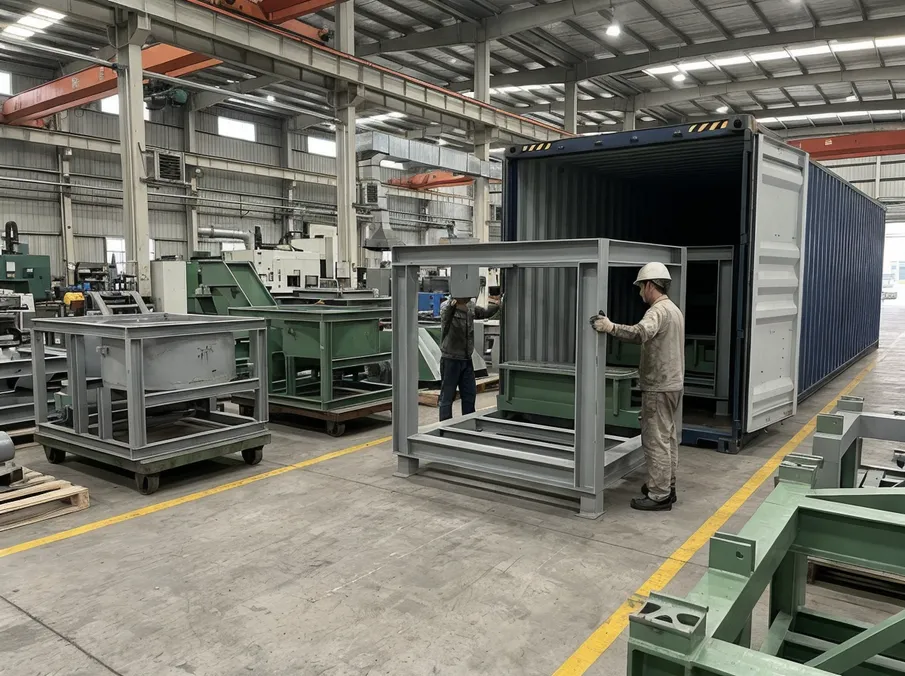 TZFoundry metal casting production line components sized to fit inside standard 40-foot shipping containers