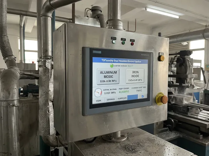 Dual-vacuum system PLC control panel showing aluminum and iron mode selection on HMI interface