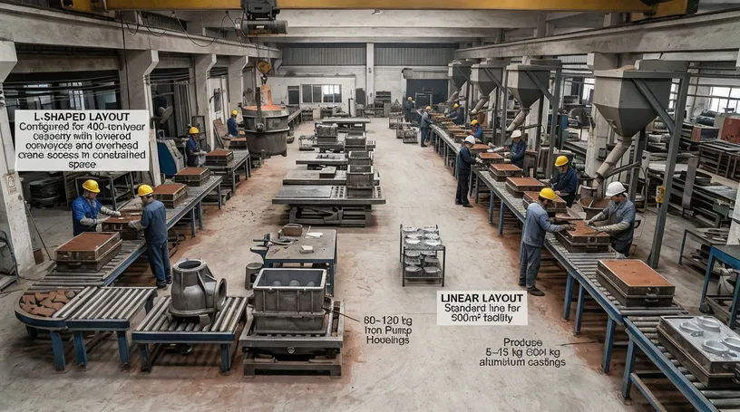 L-shape and linear layout comparison for metal casting production lines in constrained facility spaces