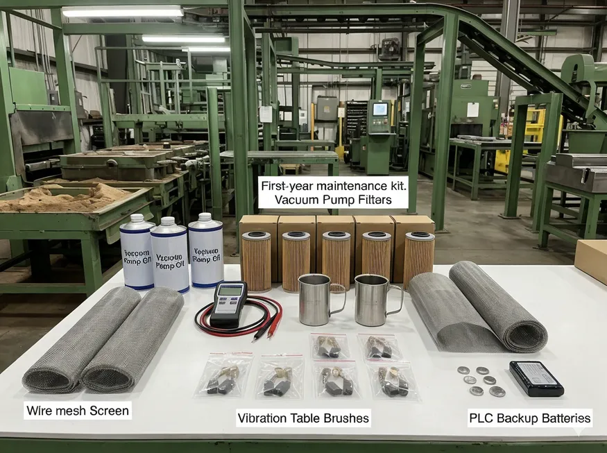 First-year maintenance kit with spare parts laid out for a metal casting production line
