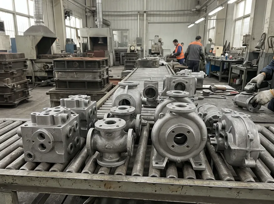 Industrial machinery castings including pump housings, valve bodies, and hydraulic manifolds produced on a metal casting production line