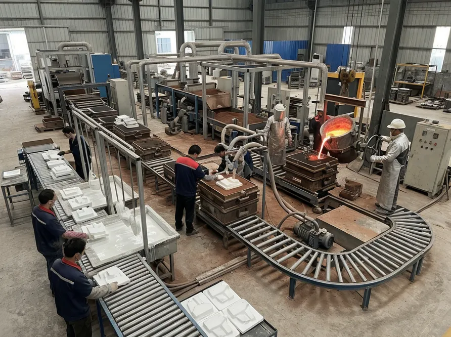 Complete metal casting production line with modular lost foam system — pattern handling, coating, molding, vacuum pouring, and sand reclamation stations