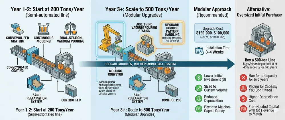 Modular capacity scaling diagram showing upgrade from 200 ton per year to 500 ton per year metal casting production line