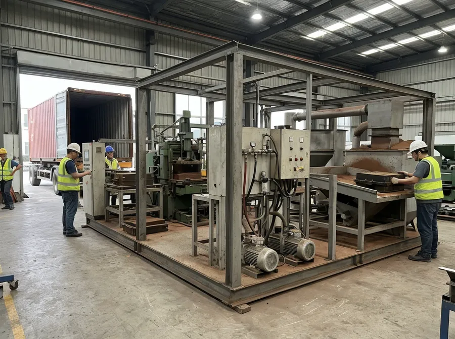 Modular metal casting production line modules sized for 40-foot shipping containers — vacuum pouring, molding, and reclamation stations