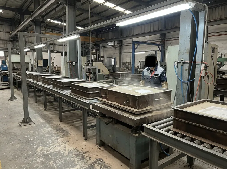 Molding line with vibration table sand compaction and flask indexing conveyor for lost foam casting