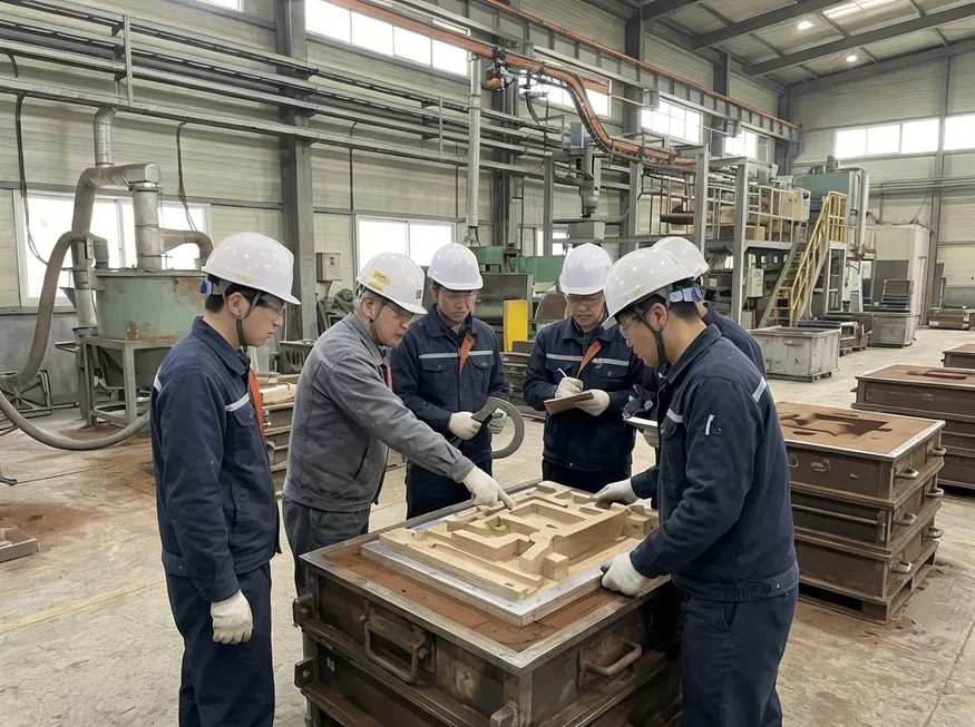 Operator training session during metal casting production line commissioning — crew learning pattern handling and quality inspection procedures
