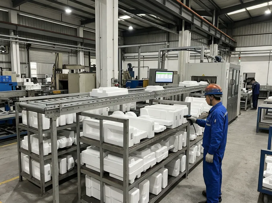 EPS pattern handling system with storage racks, barcode tracking, and conveyor feed to coating line