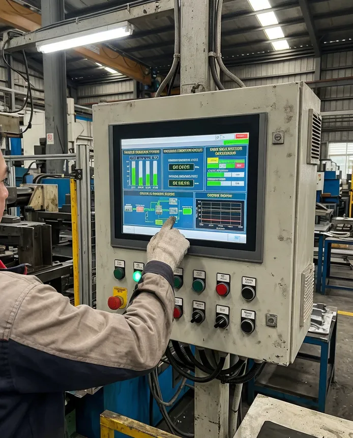 PLC control panel with HMI touchscreen interface for metal casting production line management