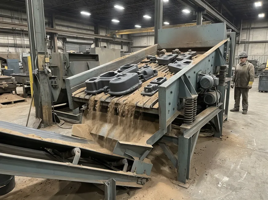 Shakeout station with vibrating screens separating castings from sand, connected to reclamation conveyor