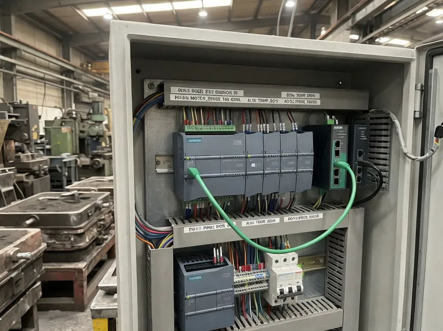 Siemens S7-1200 PLC control panel installed in TZFoundry metal casting production line cabinet with labeled I/O modules and Ethernet connectivity
