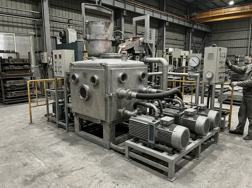 Vacuum pouring system with sealed chamber and rotary vane vacuum pumps connected to pouring station