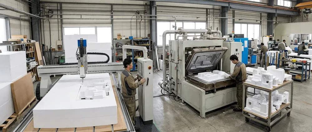 In-house polystyrene pattern tooling showing CNC hot-wire cutting and steam chest molding equipment in a foundry production environment