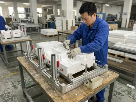 Polystyrene pattern assembly fixture with adjustable clamps and alignment pins for precision gluing