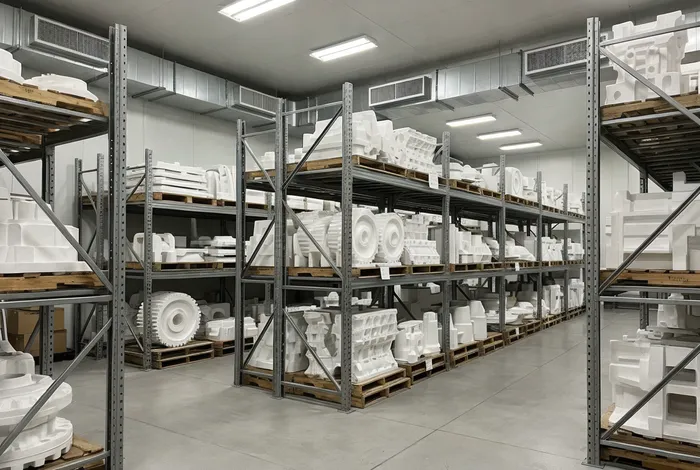 Climate-controlled warehouse storage racks holding polystyrene foam casting patterns