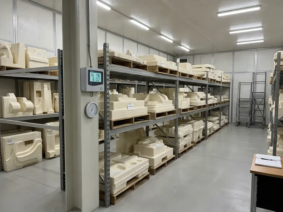 Climate-controlled polystyrene pattern storage facility with humidity monitoring equipment