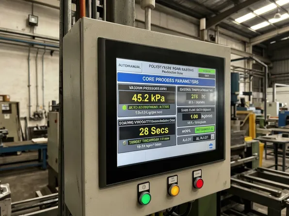 PLC control panel displaying polystyrene foam casting process parameters for vacuum pressure and coating viscosity
