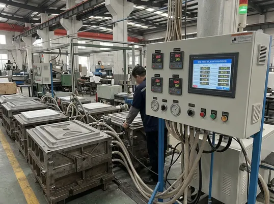 PLC-controlled vacuum system adjusting pressure in real-time during polystyrene foam casting pour cycle