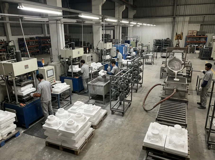 Polystyrene foam casting production line with EPS pattern molding, coating, and vacuum pouring stations in a modular factory layout