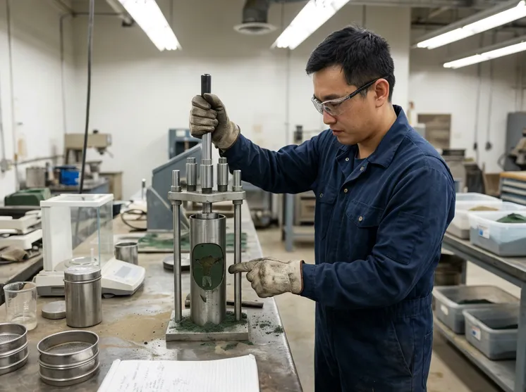 AFS compactability test being performed on green sand sample in foundry laboratory