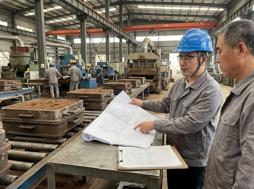 TZFoundry engineer reviewing casting portfolio drawings and production data during a sand casting line audit