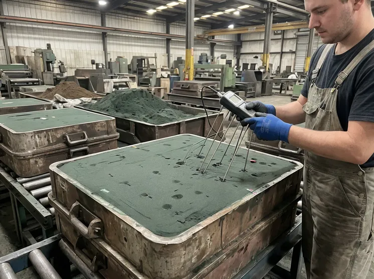 Multi-point mold hardness testing on a large green sand mold, showing pressure sensor locations across the mold face